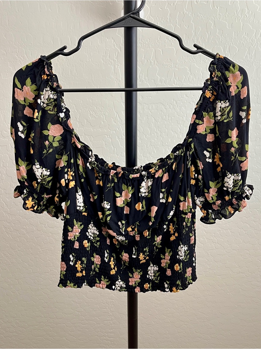 Reformation Black Floral Smocked Puff-Sleeve Crop Top
